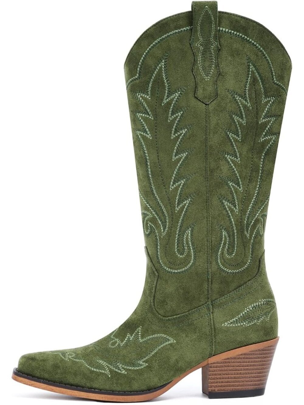 Women’s Green Pull-On Western Mid-Calf Cowboy Boots Snip Toe Chunky Block Heel - Picture 5 of 6